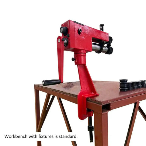 Bead Roller Tool For Metal Fabrication With 6 Adjustable Dies And Rotary Bead Former attached to table, showing side view