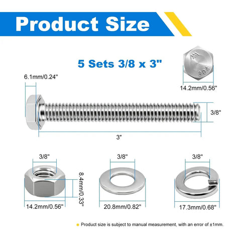 Heavy Duty 3/8-16 Hex Bolt Set Kit Five 3 Inch Stainless Steel 304 Right Hand Bolts With Nuts Flat Washers And Spring Lock Washers For DIY