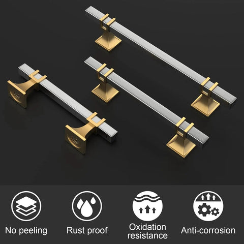 12 Pack Two Tone Cabinet Pulls With 3 Inch Hole Centers Brushed Nickel And Gold Zinc Alloy Square Tube Handles, hardware features.