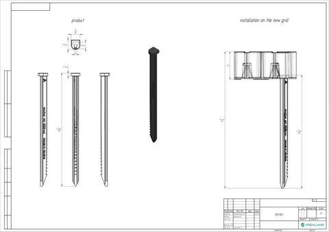 Diagram of multipurpose outdoor anchors 8 inch length with chiseled end for grass and gravel grids metal fence installations.