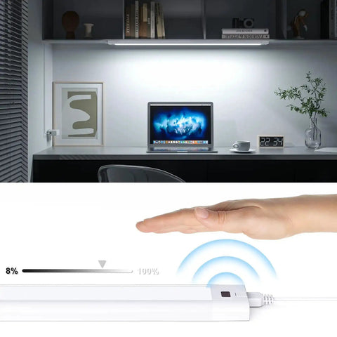 Plug In 24 Inch Under Cabinet Light Bar With Wave Sensor under shelf, touchless dimming, 1400 lumen LED strip, color tunable, white panel