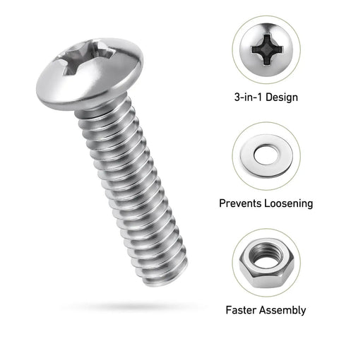 10-32 Pan Head Machine Screws With Nuts And Flat Washers Kit, 304 Stainless Steel Full Thread Assortment, Phillips Drive