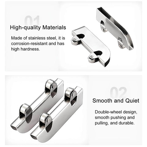 Beefed-Up Three Track Sliding Door Rail System With Six Pulleys For Wardrobe Closet And Display Cabinet In Durable Aluminum Alloy Hardware Kit showcasing stainless steel double-wheel pulleys for smooth operation.
