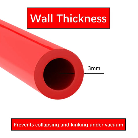 Close-up of Red 10mm ID Silicone Vacuum Tubing Hose, Five Feet Long, 16mm OD, with 3mm wall thickness, prevents collapse under vacuum