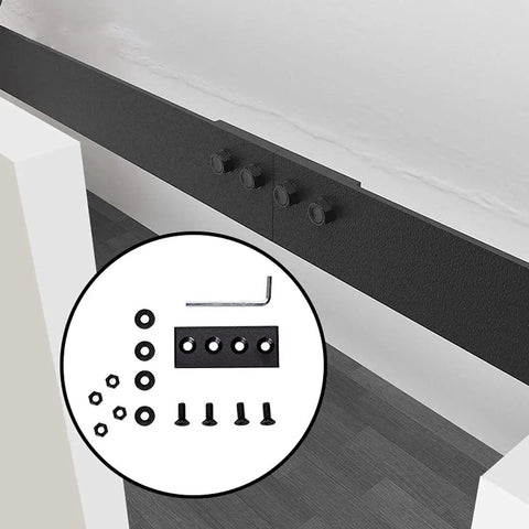 Sliding Barn Door Hardware Connecting Adaptor Set Of 2 3.15 Inch Metal Joining Plate Repair Fastener Carbon Steel Matte Black Heavy Duty Track Connector For Indoor And Outdoor Use 1 Inch Wide Flat Brace Splice Piece with mounting hardware and tools visible