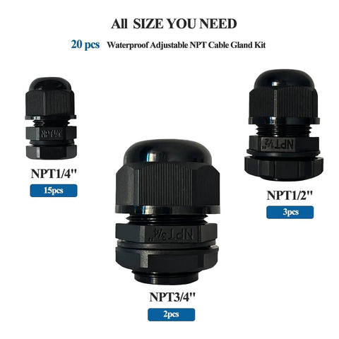 20 Piece Waterproof Cable Glands Set With NPT Threads In One Quarter, One Half, And Three Quarter Inch Sizes, includes multiple pieces