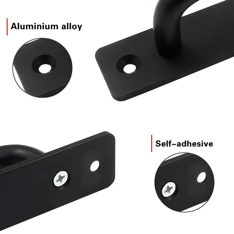 Close-up of 12 Pieces Aluminum Alloy Barn Door Handles 148mm 5.8 Inch Sliding Pulls, showing black finish and mounting details.