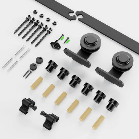 Components of Sliding Barn Door Hardware Kit 4 Foot for Single Wood Door Heavy Duty Black Finish T Shaped Style