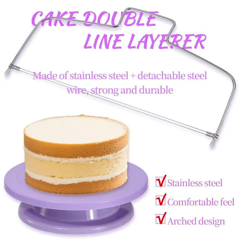 Purple Cake Decorating Kit With Rotating Turntable 14 Piece Essentials Including Piping Tips Reusable Bag Coupler Cake Leveler Offset Spatula And Icing Scrapers For Beginners Beginner Friendly Easy To Use Safe Food Grade Materials visible with cake leveler and turntable