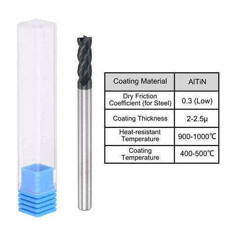 Square Nose End Mill 4mm Carbide Router Bit AlTiN Coated for CNC Milling next to product packaging and specifications chart