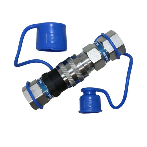 Flat Face Hydraulic Quick Connect Coupler Set For Skid Steer Bobcat Attachments One Half Inch Body With Three Quarter Inch SAE O Ring Boss Thread ISO 16028 Heavy Duty TL22 Blue Dust Caps