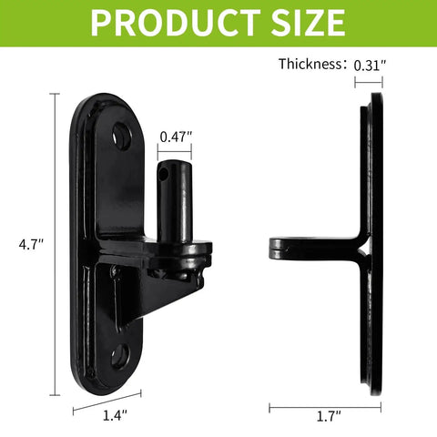 Side and front view of Heavy Duty Gate Hinges Set 2 Pack With 600 Lb Capacity Wall Mount Steel Rust Proof Hardware dimensions shown.
