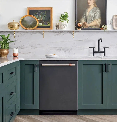 Modern kitchen with Matte Black 3 Inch Center To Center Cabinet Pulls Set Of 30 Stainless Steel Kitchen Handles installed on green cabinets.