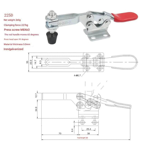 16 Pc Quick Release Horizontal Toggle Clamp Set 225D With Anti Slip Rubber Pressure Tips for Woodworking Jigs, Fixtures, and Welding Projects, Durable Metal Construction, Ergonomic Handle for Easy Locking and Release shown with specifications and dimensions.