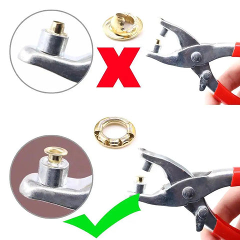 Heavy Duty Adjustable Hole Punch Pliers Kit With Revolving Leather Belt Hole Punch And Eyelet Setter, correct usage indicated