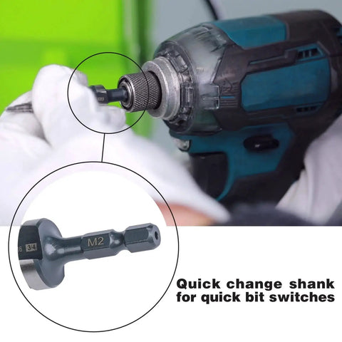 Close-up of M2 HSS Quick Change Step Drill Bits for clean holes from 3/16 to 7/8 inch, showing quick-change shank in action.