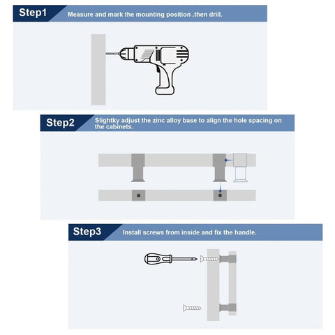 Installation steps for 5 Pack Polished Chrome Acrylic Cabinet Pull Handles For Kitchen Drawers And Bathroom Cabinets.