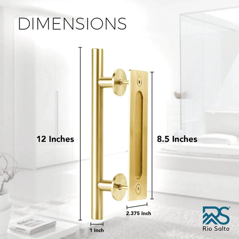 Light Gold Barn Door Hardware Kit 5ft Adjustable Sliding System With 12 Inch Handle And Floor Guide, Dope Brushed Brass Finish