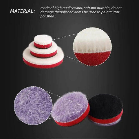 All In One Drill Polishing Kit With 24 Mixed Foam And Wool Buffing Pads 3 Backing Pads And 2 Adapters 5/8-11 Thread Close Up