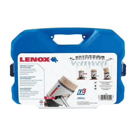 Bi Metal Speed Slot Hole Saw Kit With Quick Change Arbor For Faster Cuts And Deeper Reach Non Binding Coating T2 Technology Up To 2x Life 10 Percent Taller Than Prior Gen Lenox 26 Piece Bi Metal Hole Saw Set packaging image