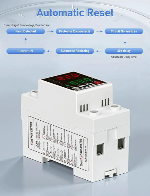 Smart Circuit Breaker With Adjustable Voltage Protection 70-200V Low Cutoff, 140-300V High Cutoff, 1-63A Overcurrent Protector AC Disconnect Switch showing digital display and settings.