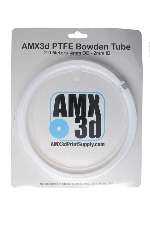 PTFE Bowden Tube For 1.75mm Filament, 2 Meters Long in packaging, white connector tubing with 2.0mm ID and 4.0mm OD for 3D printers