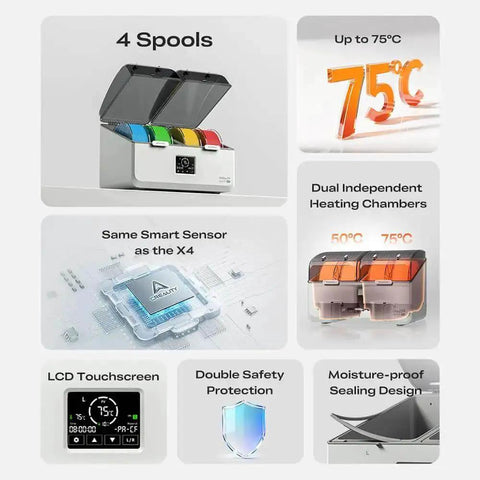 SpacePi X4L Filament Dryer And Storage Box For Four Spools, Dual Independent Heating Chambers, features overview and specifications