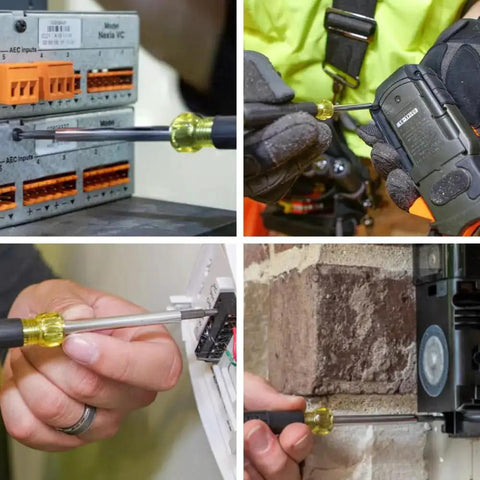 4-In-1 Electronics Screwdriver Set With Non-Magnetic Tips in use on terminal blocks and electronic devices.