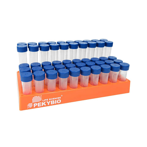 PEKYBIO 5 ml sterile plastic graduated test tubes with blue screw caps in orange rack; case of 50