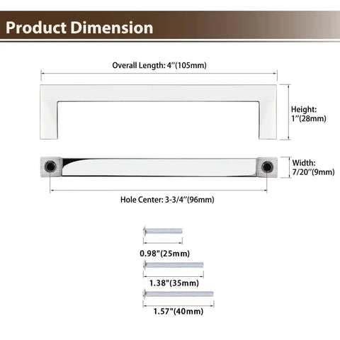 Diagram illustrating dimensions of Five Pack Polished Chrome Cabinet Handles For Drawers And Cabinets, Solid Zinc Alloy Square Kitchen Cupboard Pulls.