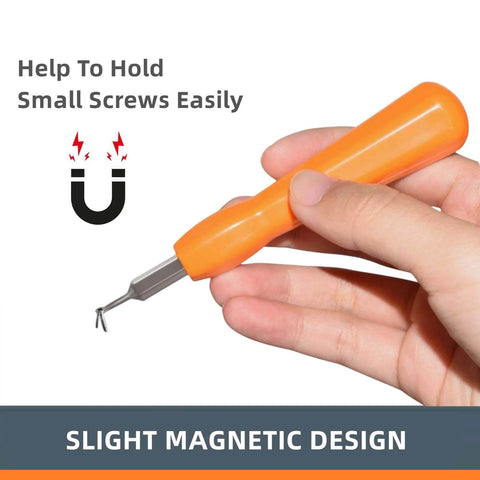 Orange magnetic screwdriver holding a small screw, part of the Doorbell Screwdriver Replacement Kit with Double Ended Bits.