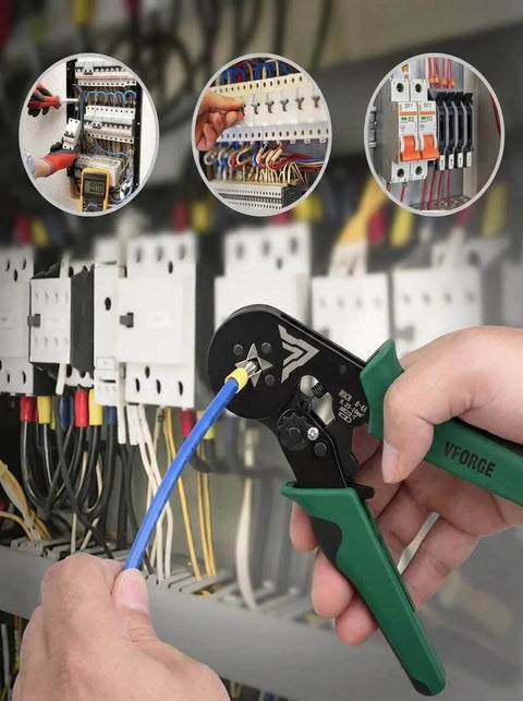 Self-Adjusting Ferrule Crimping Tool Kit With 1200 Wire Connectors For AWG 23 To 7 in use on electrical wiring setup