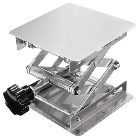 Stainless Steel Lab Jack Lift Stand 8x8in Platform With Adjustable Height, side view showing metal construction and knob