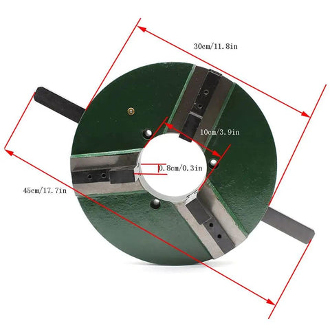 12 Inch Three Jaw Self Centering Welding Positioner Table Chuck With Reversible Jaws And Handle Drive, 300mm Diameter Welding Locator, showing top view with dimensions.