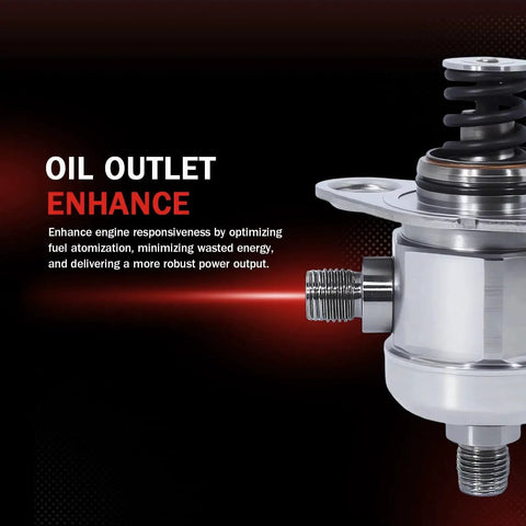 Close-up of high pressure fuel pump replacement for 3.6L V6 GM vehicles including Enclave and more, featuring oil outlet enhance text.