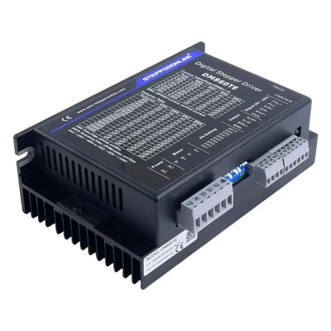 TE Series Digital Stepper Driver for Nema 34 Motors, showing connection ports and specifications on black casing.