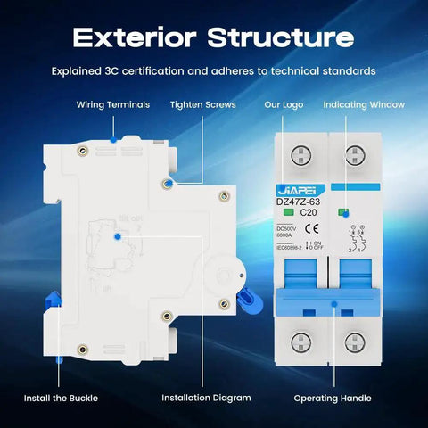Image of Miniature Circuit Breaker 500V 2 Pole 20 Amp Isolator For Solar PV System with labeled components and installation guide.