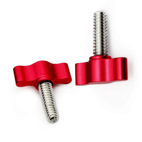 Stainless Steel Thumb Screws Set With Red Adjustable Tee Wing Aluminum Knob Quarter Inch Twenty Thread One Inch Length