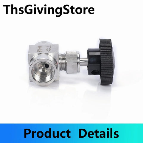 Stainless steel G female needle valve with black knurled knob for water, gas, and oil flow control.