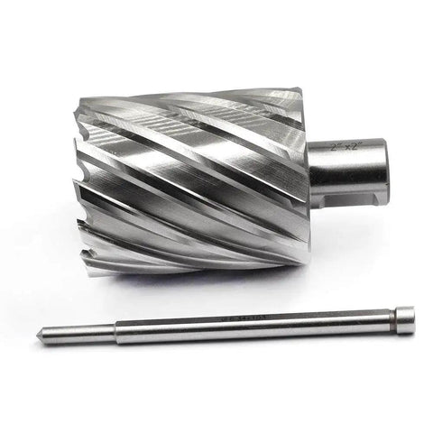 Annular Cutter Set Three Quarter Inch Weldon Shank With Pilot Pin for Magnetic Drill Press Slugger Bits Two Flat HSS Kit shown with pilot pin