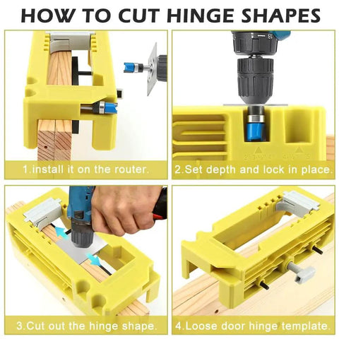 Steps to use the All In One Door Hinge Installation Kit With Router Template For 3 To 5 Inch Doors And 1/4 Or 5/8 Inch Thickness Includes Router Bit Self Centering Hinge Bit Double Headed Screwdriver And Easy To Follow User Manual Green.