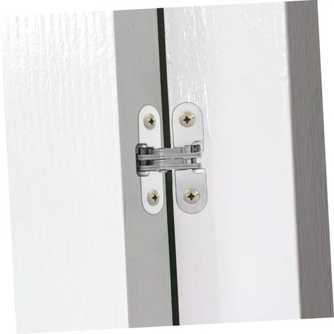 Close-up of installed Invisible Folding Door Hinge Kit For Secret Doors Easy To Install Cross Hidden Hinges on a white door frame.