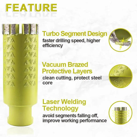 2 Inch Diamond Core Drill Bit For Wet Or Dry Drilling Hole Saw For Granite Marble Concrete And Quartz SANLEETEK Laser Welded 50mm Bit With 10mm Diamond Height And 25/35 Grit 5/8-11 Thread showcasing turbo segment design and vacuum brazed layers.