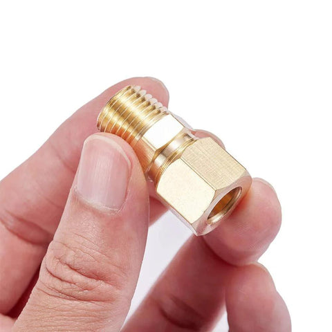 Brass Compression Tube Fitting Connector Straight Coupling Adapter One Quarter Inch Tube OD To One Quarter Inch NPT Male Five Pack held