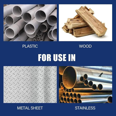 Collage showing uses for 13 Piece Cobalt Drill Bits Set M35 HSS with 135 Degree Tips: plastic, wood, stainless steel, metal sheet.