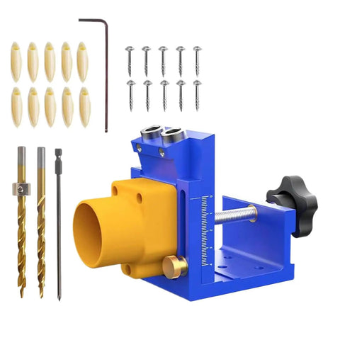 Pro Grade Pocket Hole Jig Kit With Angled Drill Guide And Dust Collection for cabinet installations shown with components