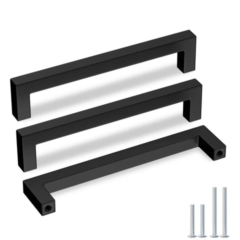 Three 30 Pack Matte Black Cabinet Pulls 6-1/4 Inch Square Bar Stainless Steel Handles with screws, showcasing modern minimalist design.