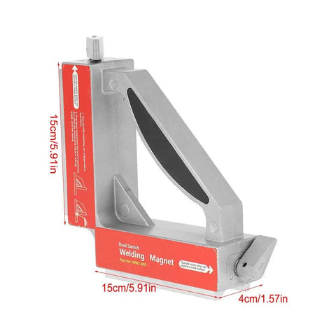 90 Degree Magnetic Welding Fixture With Switchable Arm And Bottom V Design Heavy Duty Magnetic Welder Jig Holder, side view.