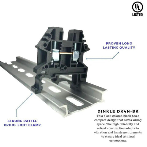 Compact DIN Rail Terminal Block Screw Type UL 600V 30A 10-22AWG, Pack of 100, Vibration-Resistant, shown on rail