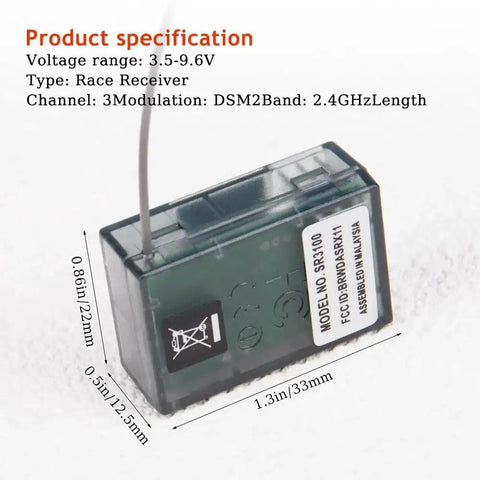 SR3100 2.4GHz DSM2 3 Channel Surface Receiver dimensions and specifications for 1/18 scale RC car